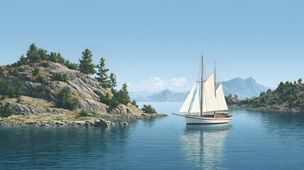 Sailboat on calm water with island views under blue sky on sunny day.