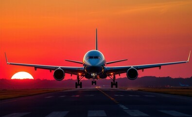 Obraz premium Massive jetliner gracefully lands on vibrant sunset runway Vibrant Rim Light technology vibrant background colorful modern