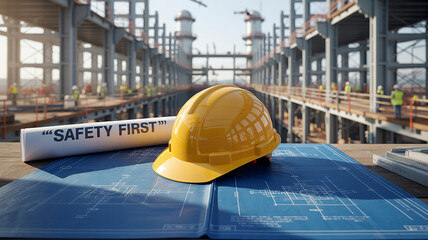 Yellow hard hat and blueprint on wooden table at construction site hardhat safety