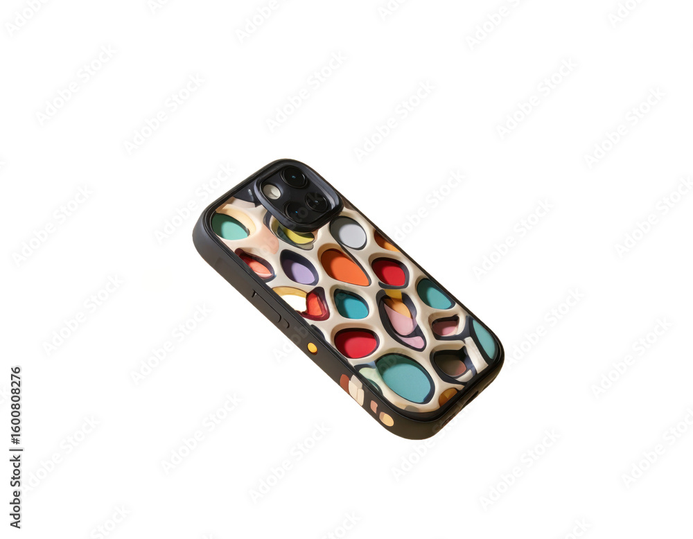 Aufkleber smartphone case featuring abstract geometric pattern design in multiple colors on black frame agains