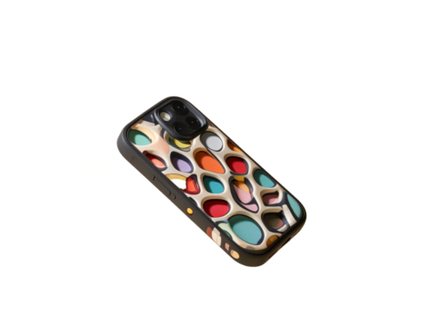 Smartphone Case Featuring Abstract Geometric Pattern Design in Multiple Colors on Black Frame Against Transparent Background