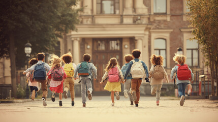 Joyful group of diverse schoolchildren race toward their school building, ready to start the day