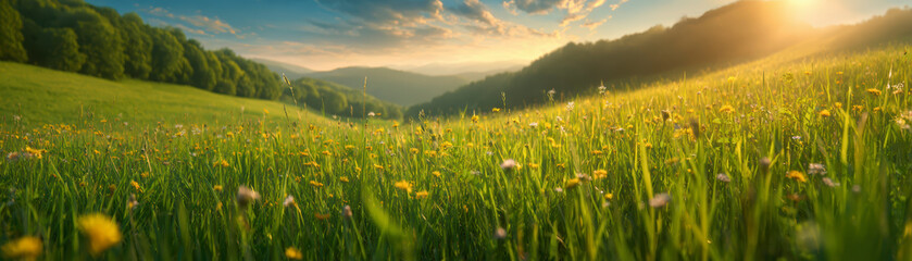 Sunset illuminates a vibrant, flower-studded meadow with lush green hills and a peaceful valley in the background. Tranquil natural beauty.