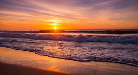 Breathtaking ocean sunrise, vibrant colors, waves on sandy beach, photography