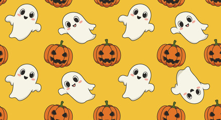 Cute Halloween pattern with friendly ghosts and smiling jack-o'-lanterns on a vibrant orange background.