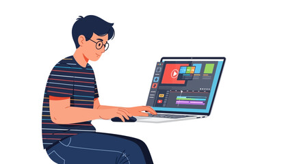 Man using video editing software on his laptop for creative post-production project online work at home