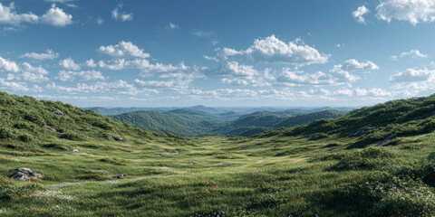 Expansive green meadows under a vivid blue sky, rolling hills stretching into the distance, a serene and untouched landscape.