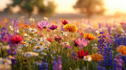 Colorful wildflowers in a field at sunset, with soft sunlight casting warm hues over daisies, lupines, and other blooms.