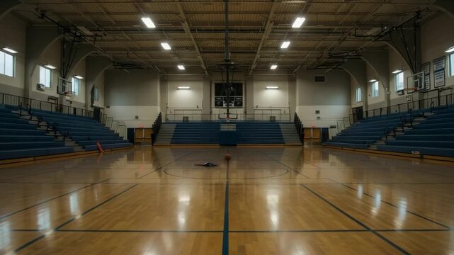 Empty indoor basketball gym with wooden floor and bleachers  