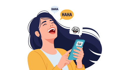 Joyful connection: A woman embraces laughter while engaging with humorous content on her mobile device