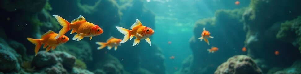 Naklejka premium Goldfish airborne, leaving aquarium water, toward ocean , escape, action