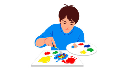 Focused artist blending vibrant colors on canvas, crafting an illustration with creative expression and palette in a playful and imaginative manner