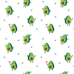 Vector seamless pattern with cute cartoon avocado characters, rainbows, clouds and hearts. Funny parint for kids nursery wallpaper, clothes, cosmetic package, fabric and textile