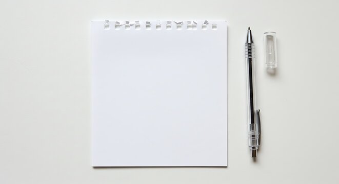 A white sheet of paper, with slightly irregular edges and small holes in the upper corner, on the right side of the sheet there is a transparent ballpoint pen with a cap