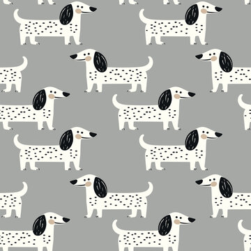 Fototapeta Cute dachshund pattern. Hand drawn seamless texture with dogs. Vector illustration