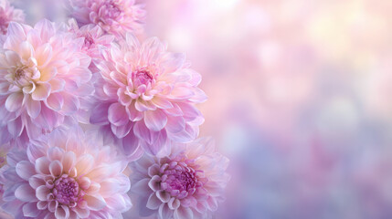A cluster of soft pink dahlias with delicate petals, depicted in a dreamy, ethereal blur of pastel hues.