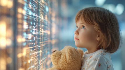 A young child holding a teddy bear gazes in wonder at glowing digital lights, depicting a scene of innocent curiosity.
