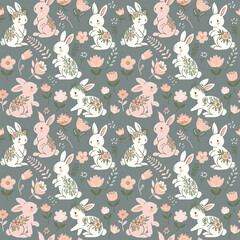 Hand drawn vector Illustration of Cute Bunny with seamless pattern. Can be used for baby t-shirt print, fashion print design, kids wear, baby shower celebration greeting and invitation card