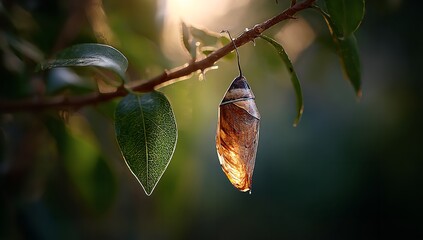 Butterfly Cocoon Glowing in Sunlight on Tree Branch &mdash; Symbol of Transformation and New Beginnings in Nature