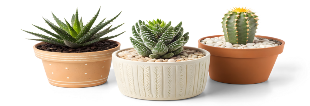 A set of indoor cactus in pot, isolated on white or transparent  background