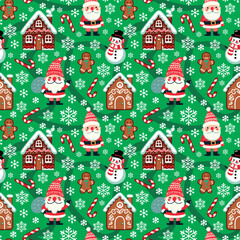Seamless vector pattern with hand drawn gingerbread houses and Christmas gnomes and Santa character. Snowy landscape with winter village. Perfect for textile, wallpaper or print design.