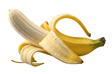 Partially peeled ripe banana with yellow skin curled back exposing creamy white fruit flesh underneath, isolated on a transparent background