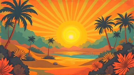 Beautiful sunburst retro vibes.Graphic print groovy background.60s,70s colorful fashioned.  

