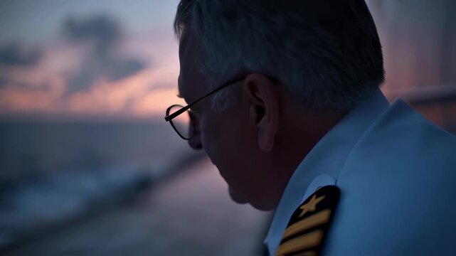 A serene deck scene at dusk with a ships officer seated on a bench a radio receiver beside them and an open logbook on their lap waves softly lapping against the hull as they jot down