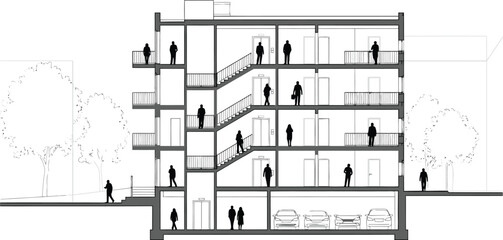 Architectural cross section drawing of a modern multi story residential building with people on balconies and stairs