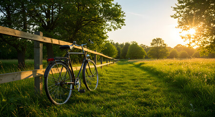 Obraz premium Vintage Bicycle Leaning on a Wooden Fence in a Grassy Meadow at Sunset high quality