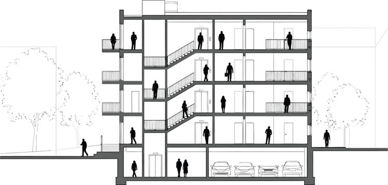 Architectural cross section drawing of a modern multi story residential building with people on balconies and stairs