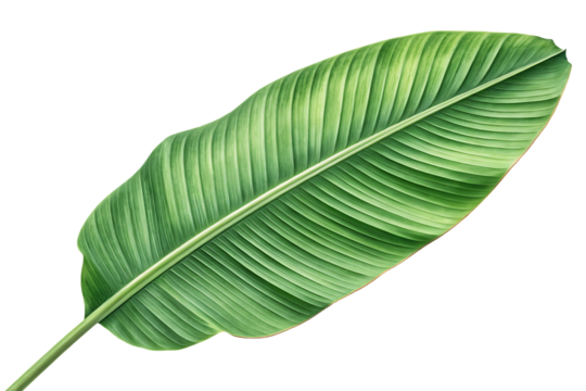 Large tropical banana leaf displaying natural green coloration with prominent parallel veins and organic curved shape, isolated on a transparent background