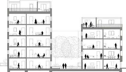 Architectural section drawing of a modern multi story building with people depicted on each floor