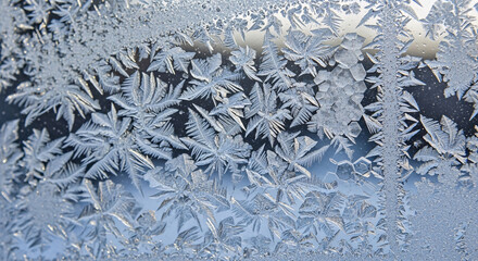 Intricate Ice Crystal Formations on Glass Surface in Winter.