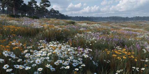 Lush meadow with diverse wildflowers, including daisies and lavender, under a cloudy sky, exuding peaceful natural beauty.