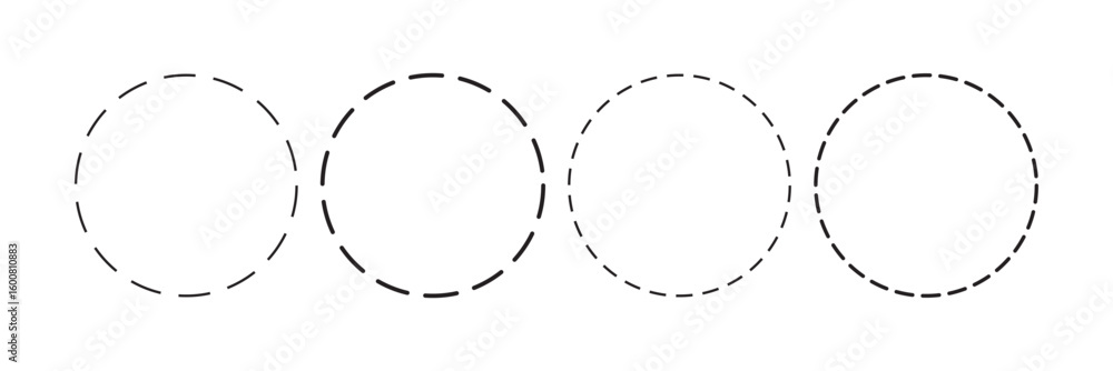 Poster set of circle shapes with dashed lines. dotted geometric round figures isolated on white background.