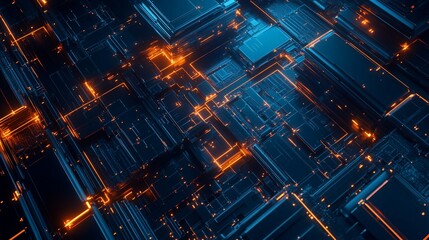 Abstract high tech circuit board rendering with glowing pathways and elements