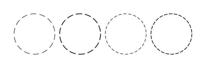 Set of circle shapes with dashed lines. Dotted geometric round figures isolated on white background. Cut here pictograms for coupons or tags. Vector outline illustration.