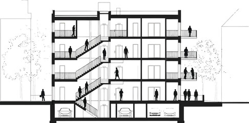 Architectural cross section drawing of a modern building with multiple floors and a central staircase featuring silhouetted people