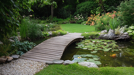  A quaint wooden footbridge over a tranquil garden pond 