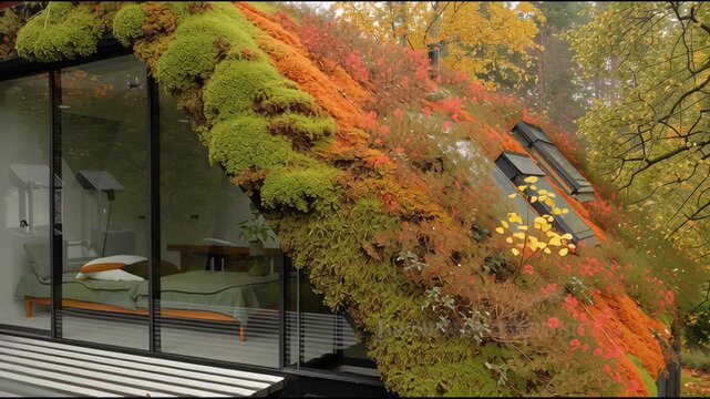 Autumn-inspired ecological roofing: a modern cottage&rsquo;s living sedum roof transforms into shades of orange and red, compl