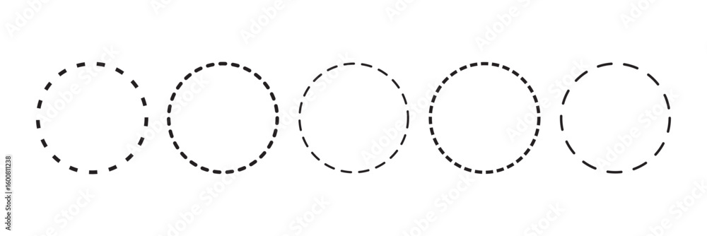 Poster set of circle shapes with dashed lines. dotted geometric round figures isolated on white background.