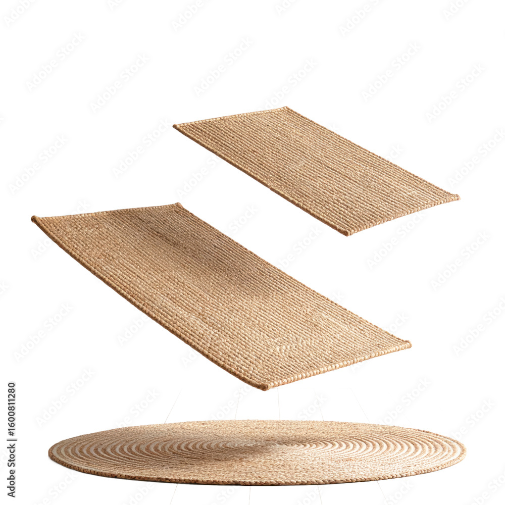Poster three abstract floating rugs in warm tones with transparent backdrop