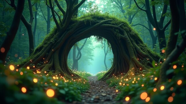 Surreal enchanted forest gate glowing at twilight, 16:9 format for creative design or product branding