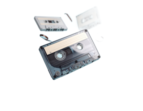 Three Vintage Cassette Tapes Floating Against Transparent Black Background Detailed Close Up View