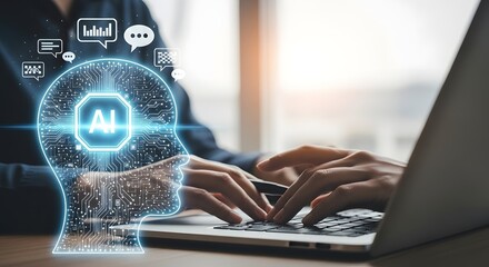 Artificial intelligence brain overlayed on human working on laptop