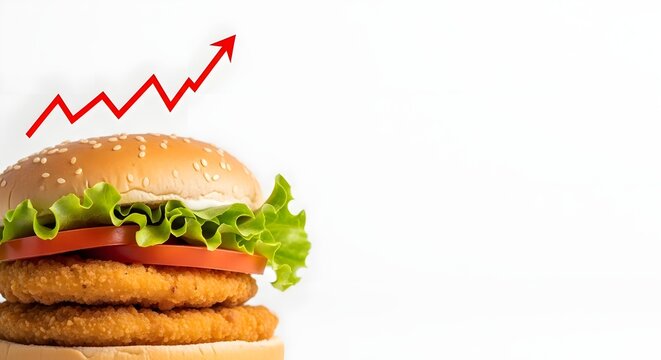 Burger with upward trend arrow symbolizing growth in food industry
