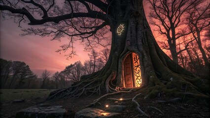 Step into a magical world with this enchanted tree house and whimsical doorway glowing under a dramatic sunset sky, perfect for fantasy illustrations and fairytale designs