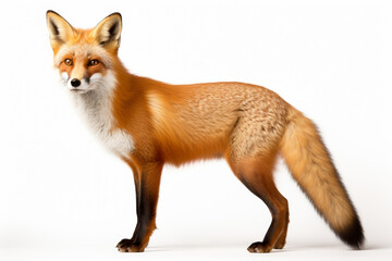 Fototapeta premium Vibrant red fox portrait standing proud, showcasing stunning fur detail against a clean white backdrop
