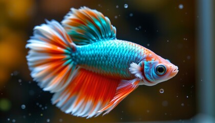 Fototapeta premium a vibrant aquarium fish with a bright blue body and a mix of orange, green, and white fins is swimming amidst clear water under an unseen light source.